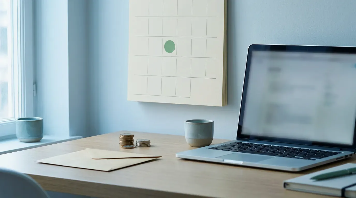 A wall calendar above a desk with one square marked green, coins and an envelope beside a laptop